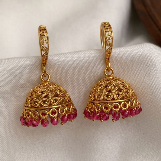 Traditional Gold-Finish Filigree Jhumka Earrings with Pink Beads | South Indian  Imitation Jewellery I  MT 1800