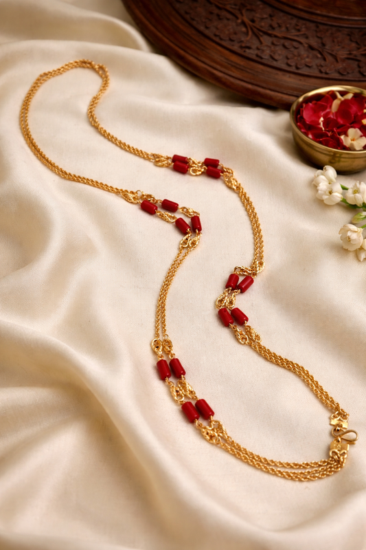 Traditional Red Bead Layered Gold Chain Necklace | South Indian Imitation Jewellery I MT2400