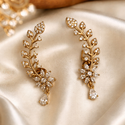 Elegant Crystal Leaf Drop Earrings | Premium Gold Finish Party Wear Earrings I Code JW1540