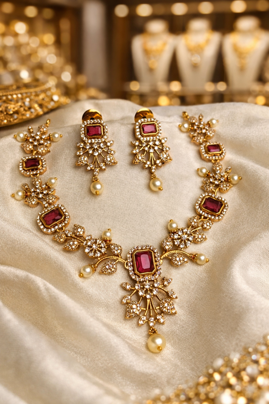 Premium Ruby Stone Bridal Necklace Set with Pearl Drops | Luxury Wedding Jewellery I JW4800