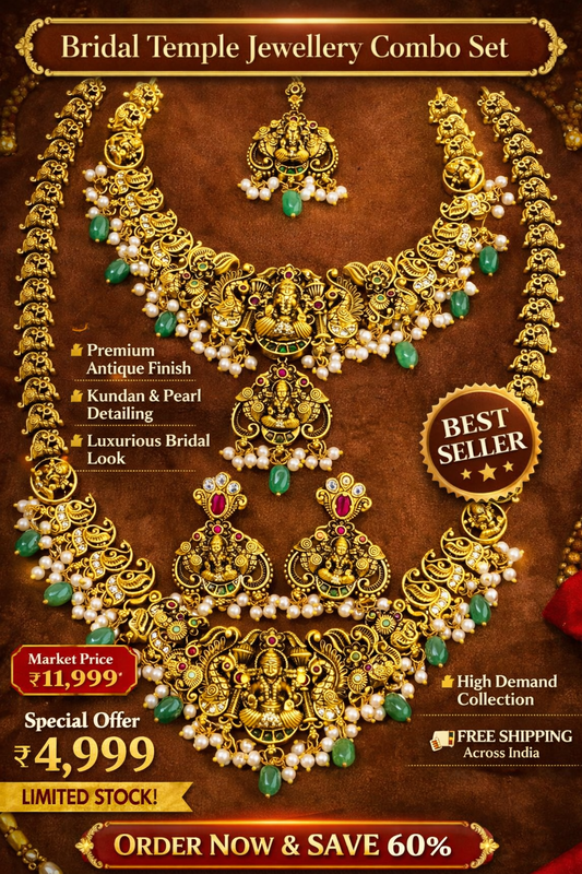 Bridal Temple Jewellery Set – Antique Gold South Indian Bridal Long Haram & Choker Set