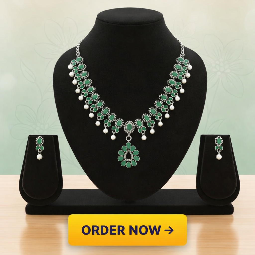 Elegant Green Stone Pearl Necklace Set | Silver Finish Ethnic Imitation Jewellery for Weddings & Festivals