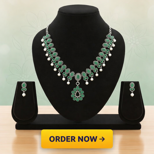 Elegant Green Stone Pearl Necklace Set | Silver Finish Ethnic Imitation Jewellery for Weddings & Festivals
