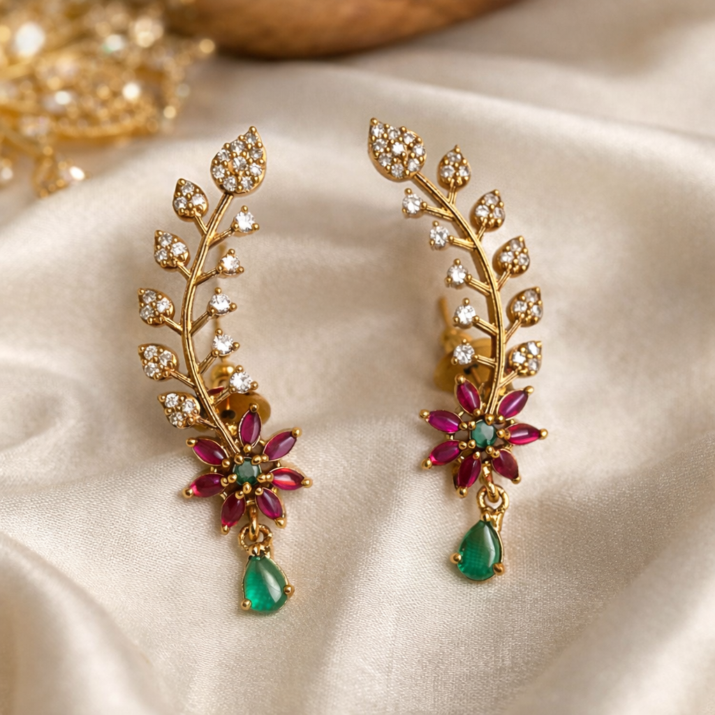 Elegant Crystal Leaf Drop Earrings | Premium Gold Finish Party Wear Earrings I Code JW1540