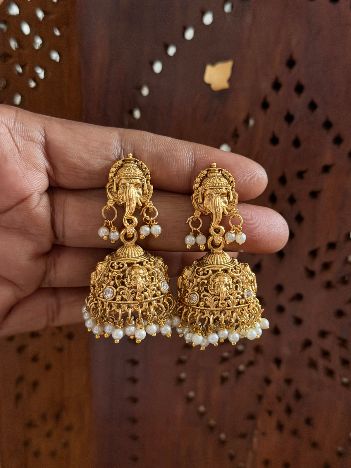 Siddhivinayak Ganesh Pearl Jhumka Earrings - Antique Temple Jhumka
