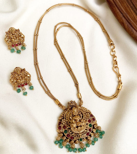 Sublime Antique Gold Lakshmi Pendant Set with Double Chain & Emerald Green Drops