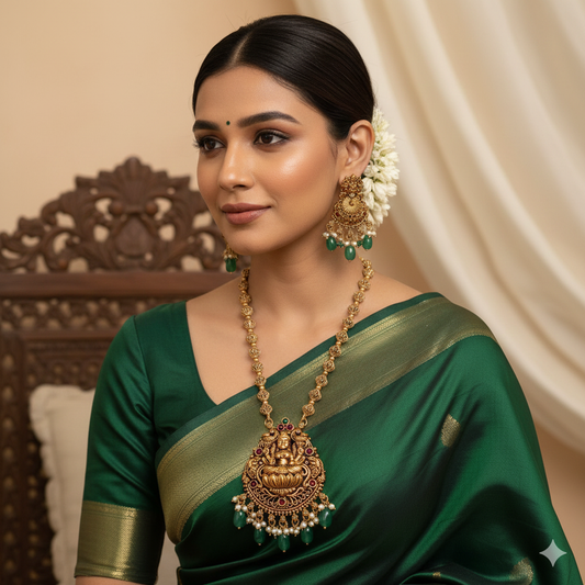 Grand Lakshmi Antique Gold Temple Necklace Set with Pearl & Emerald Drops