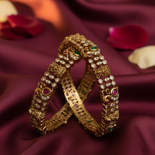 Luxurious Gold-Plated CZ Stone Bangle Set with Ruby & Emerald Floral Accents (Set of 2) - GJ5880