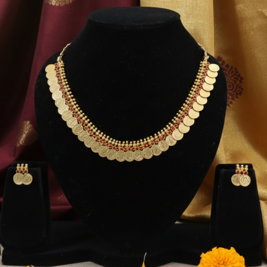 Antique Gold Plated Lakshmi Coin Necklace Set with Earrings & Keepsake Box