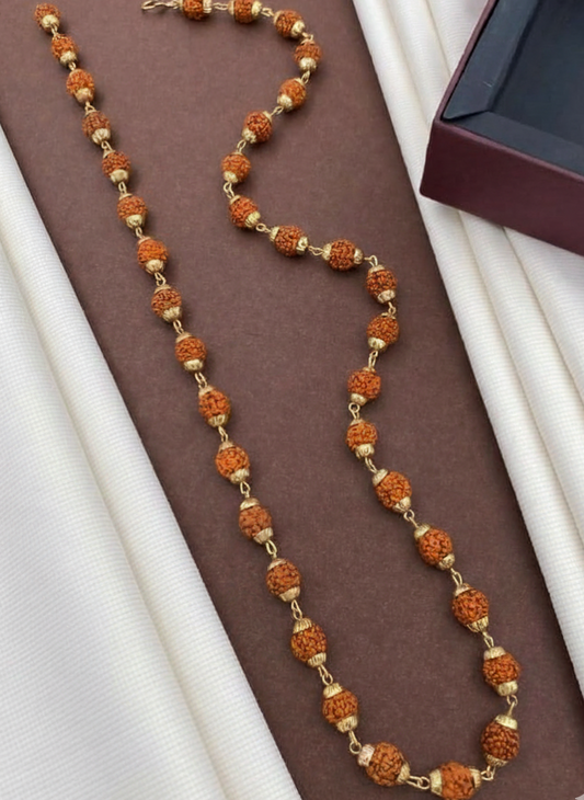 Handcrafted Rudraksha Bead Necklace with Gold-Tone Accents – Spiritual Mala -SP4501