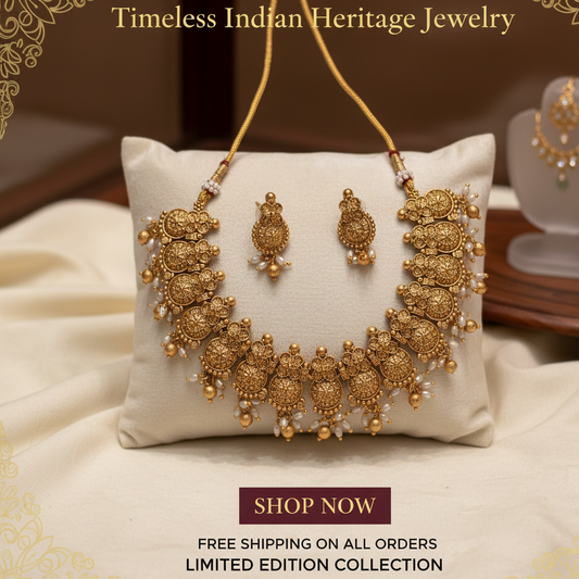 The Traditional Blossom Antique Gold Finish Pearl Necklace Set