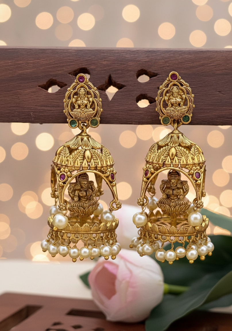 Exquisite Antique Gold Plated Lakshmi Temple Jhumka Earrings with Pearls | Traditional South Indian Jewellery