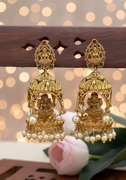 Exquisite Antique Gold Plated Lakshmi Temple Jhumka Earrings with Pearls | Traditional South Indian Jewellery