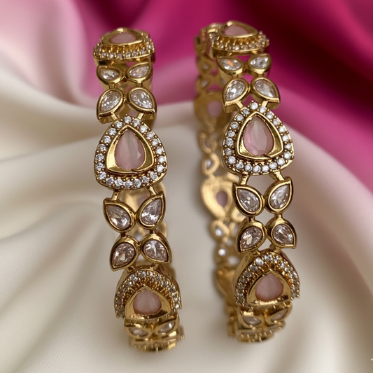 Traditional Gold Plated Kundan Bangles with Mint Green/Peach & White Stones | Ethnic Jewelry for Weddings I CODE MT6001