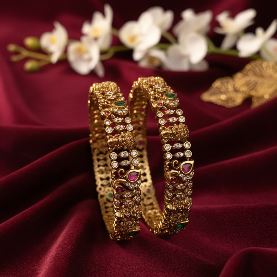 Luxurious Gold-Plated CZ Stone Bangle Set with Ruby & Emerald Floral Accents (Set of 2) - GJ5880