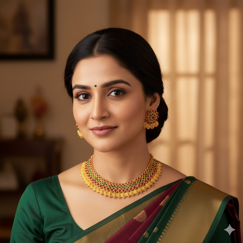 Heavy Kasu Necklace Set with brilliant Red & Green Kemp Stones