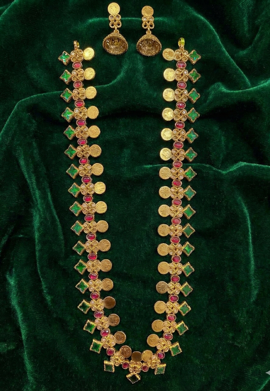 Antique Lakshmi Kasu Temple Necklace | Green & Ruby Stones | Bridal South Indian Jewellery Set”