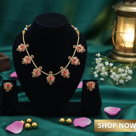 Lotus Design Gold-Plated Necklace Set with Matching Earrings | Temple & Festive Jewellery