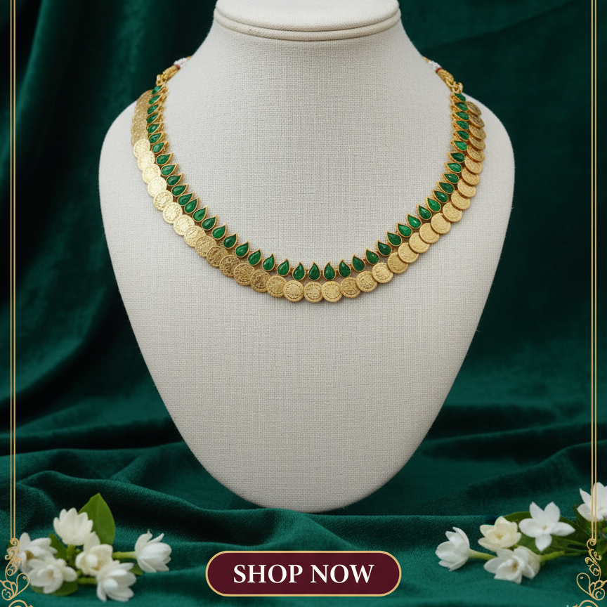 Heavy Gold Kasu Necklace Set with Green Kemp Stones - Traditional Lakshmi Coin Jewelry Code: CNG499
