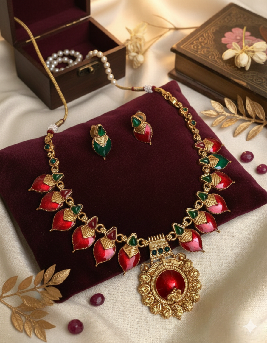 Traditional South Indian Temple Necklace Set with Red & Green Kemp Stones | Bridal Antique Gold Jewellery