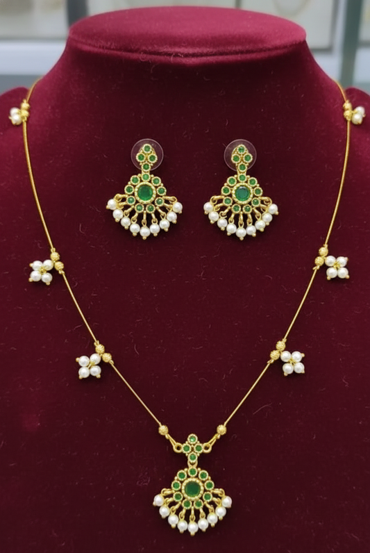 Invisible Necklace Set with Green Stones & Pearl Drops -2991– Saanvi by Rajani