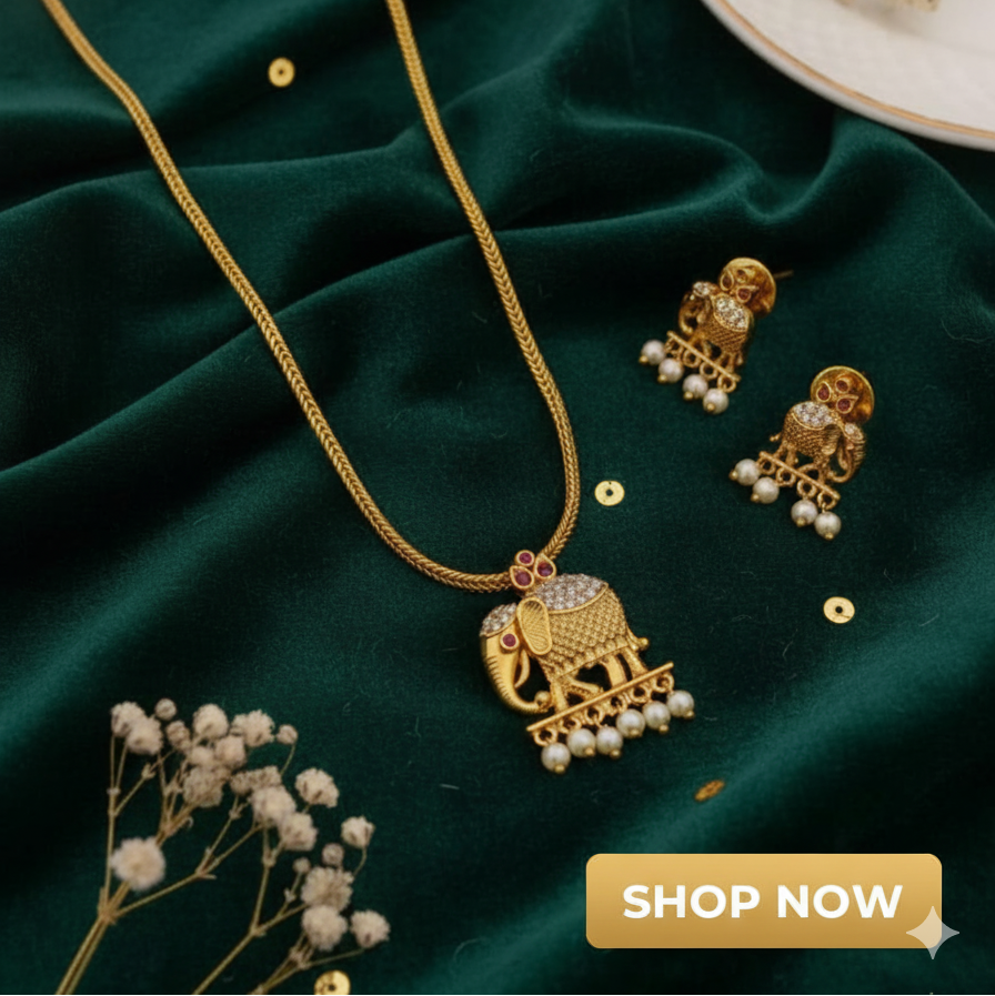 Traditional Gold-Plated Elephant Pendant Necklace Set with Pearl Drops | Temple Jewellery I SP 149
