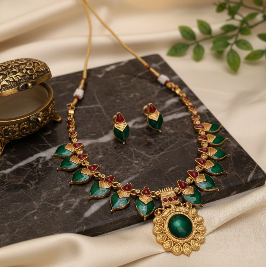 Traditional South Indian Temple Necklace Set with Red & Green Kemp Stones | Bridal Antique Gold Jewellery