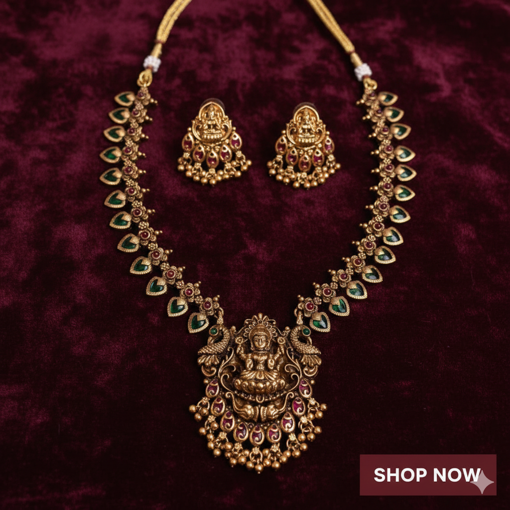 Antique Gold Lakshmi Temple Necklace Set with Kemp Stones | South Indian Bridal Jewellery