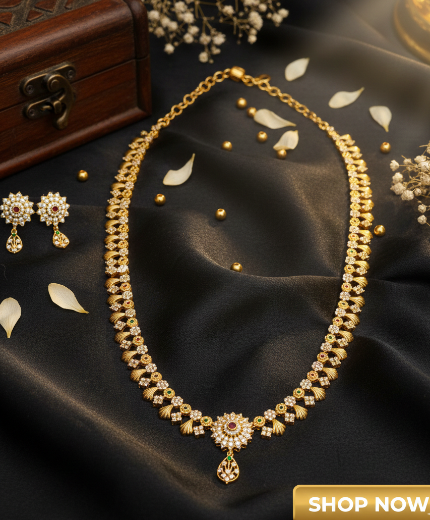 Royal Gold-Plated Traditional Necklace Set with Stone Work & Matching Earrings | Bridal & Festive Jewellery EK720