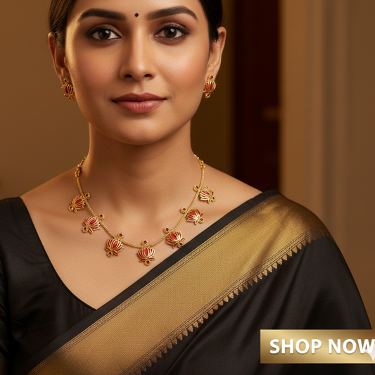 Lotus Design Gold-Plated Necklace Set with Matching Earrings | Temple & Festive Jewellery