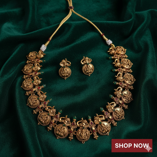 Antique Gold Coin Lakshmi Temple Necklace Set with Kemp Stones | South Indian Bridal Jewellery