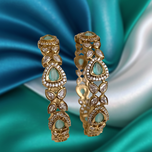 Traditional Gold Plated Kundan Bangles with Mint Green/Peach & White Stones | Ethnic Jewelry for Weddings I CODE MT6001