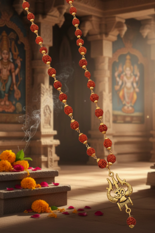 Spiritual Rudraksha Mala with Gold-Plated Om Trishul Pendant – Meditation Necklace SP5501