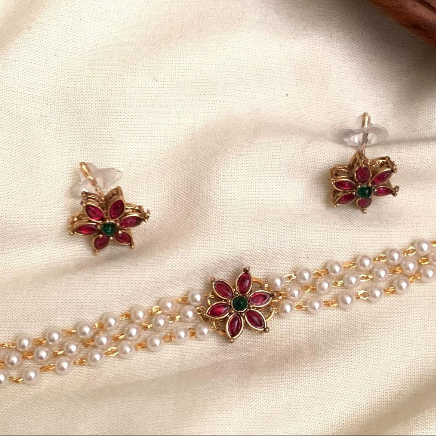 Elegant Pearl Floral Choker Set with Ruby & Emerald Floral Studs |