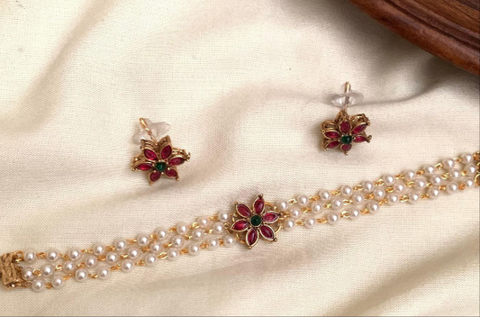 Elegant Pearl Floral Choker Set with Ruby & Emerald Floral Studs |