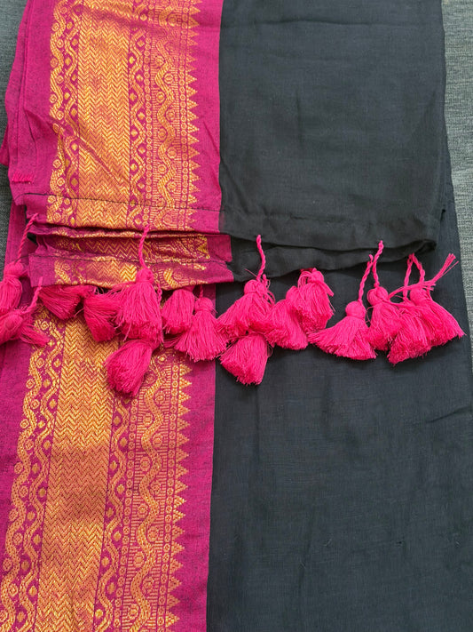 Black Malcotton saree with Rani pink boarder