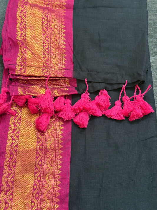 Black Malcotton saree with Rani pink boarder