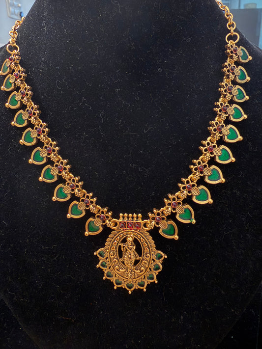 Green Palakka Necklace with Krishna Locket I  Antique Temple Necklace with Green Stones | Traditional South Indian Jewelry | RK JewelsCODE: MG80