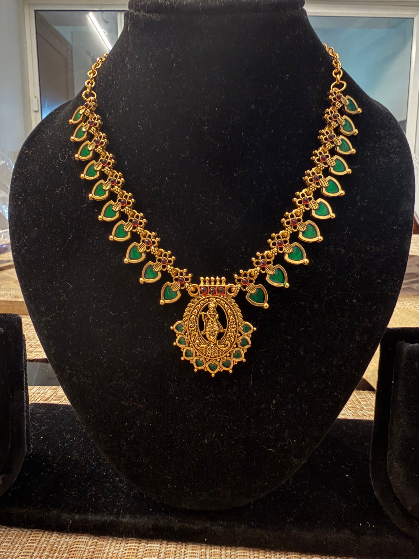 Green Palakka Necklace with Krishna Locket I  Antique Temple Necklace with Green Stones | Traditional South Indian Jewelry | RK JewelsCODE: MG80