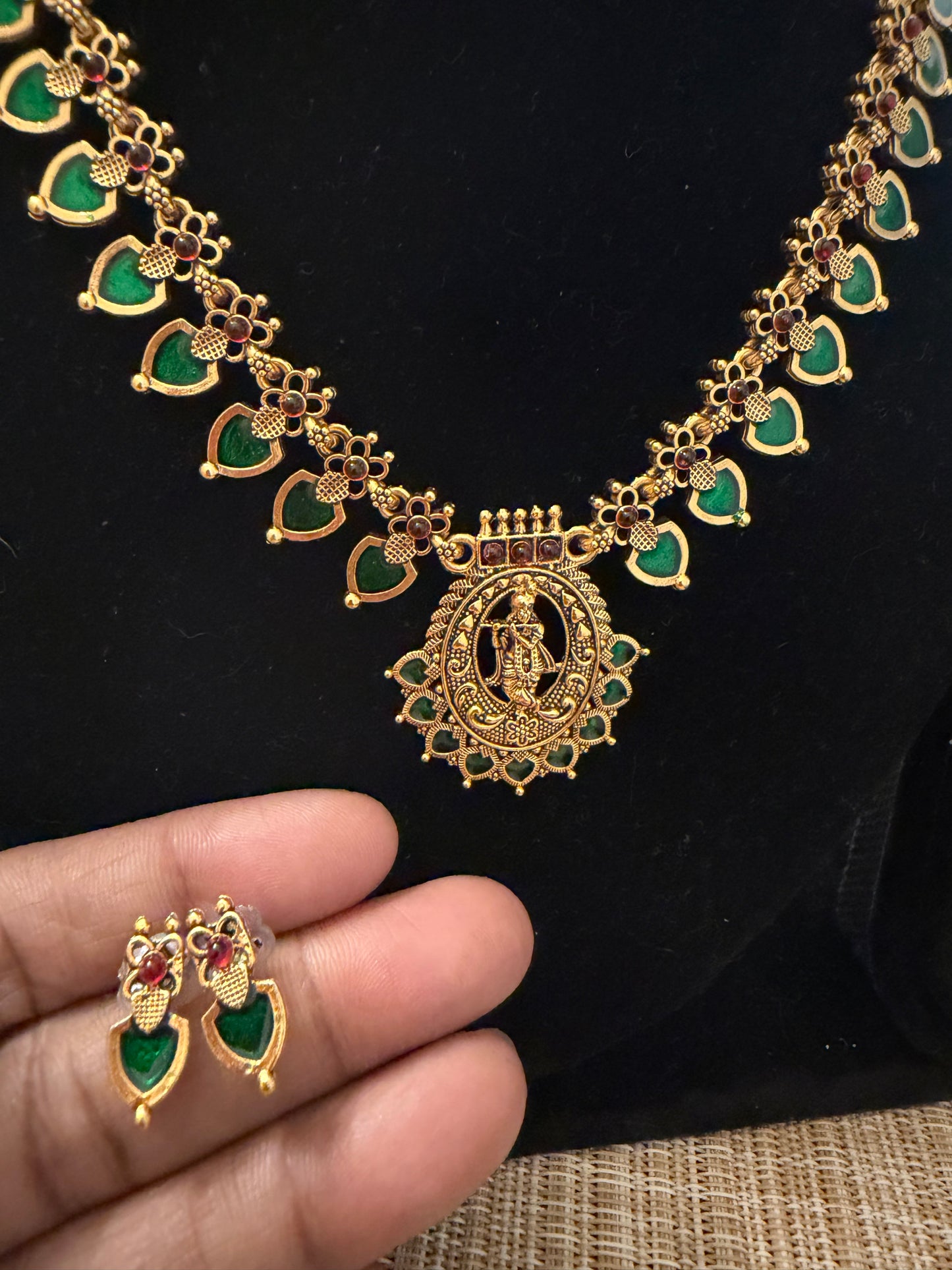 Green Palakka Necklace with Krishna Locket I  Antique Temple Necklace with Green Stones | Traditional South Indian Jewelry | RK JewelsCODE: MG80