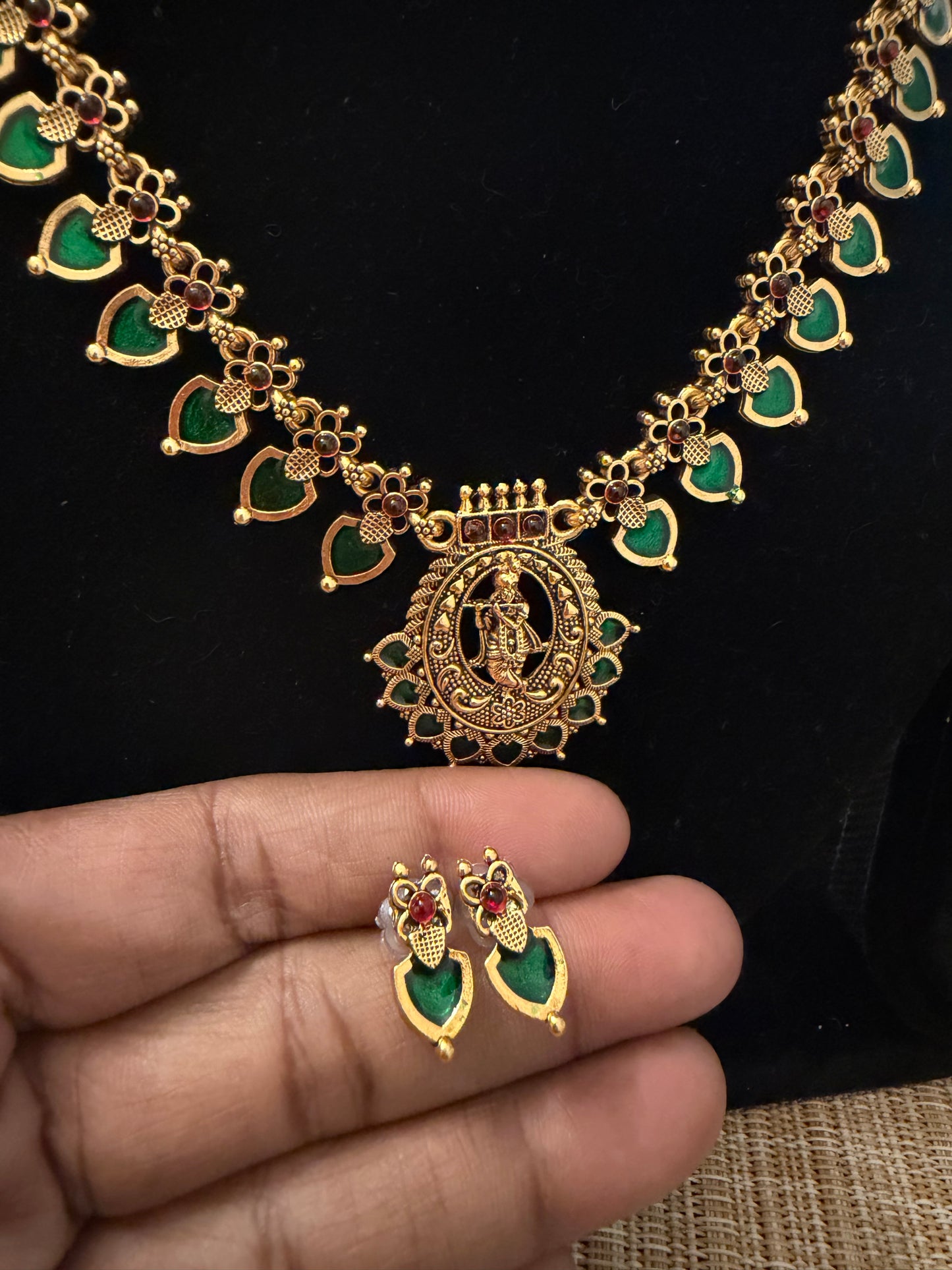 Green Palakka Necklace with Krishna Locket I  Antique Temple Necklace with Green Stones | Traditional South Indian Jewelry | RK JewelsCODE: MG80