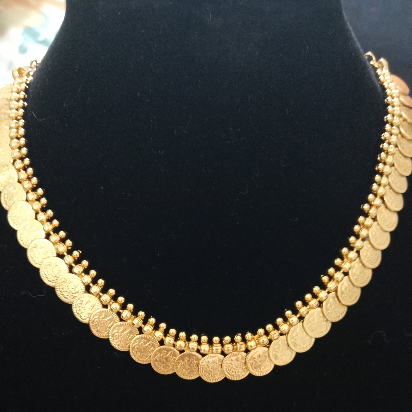 22K Gold Plated Lakshmi Kasu Mala Necklace (Kasulaperu) | Traditional South Indian Coin Haram