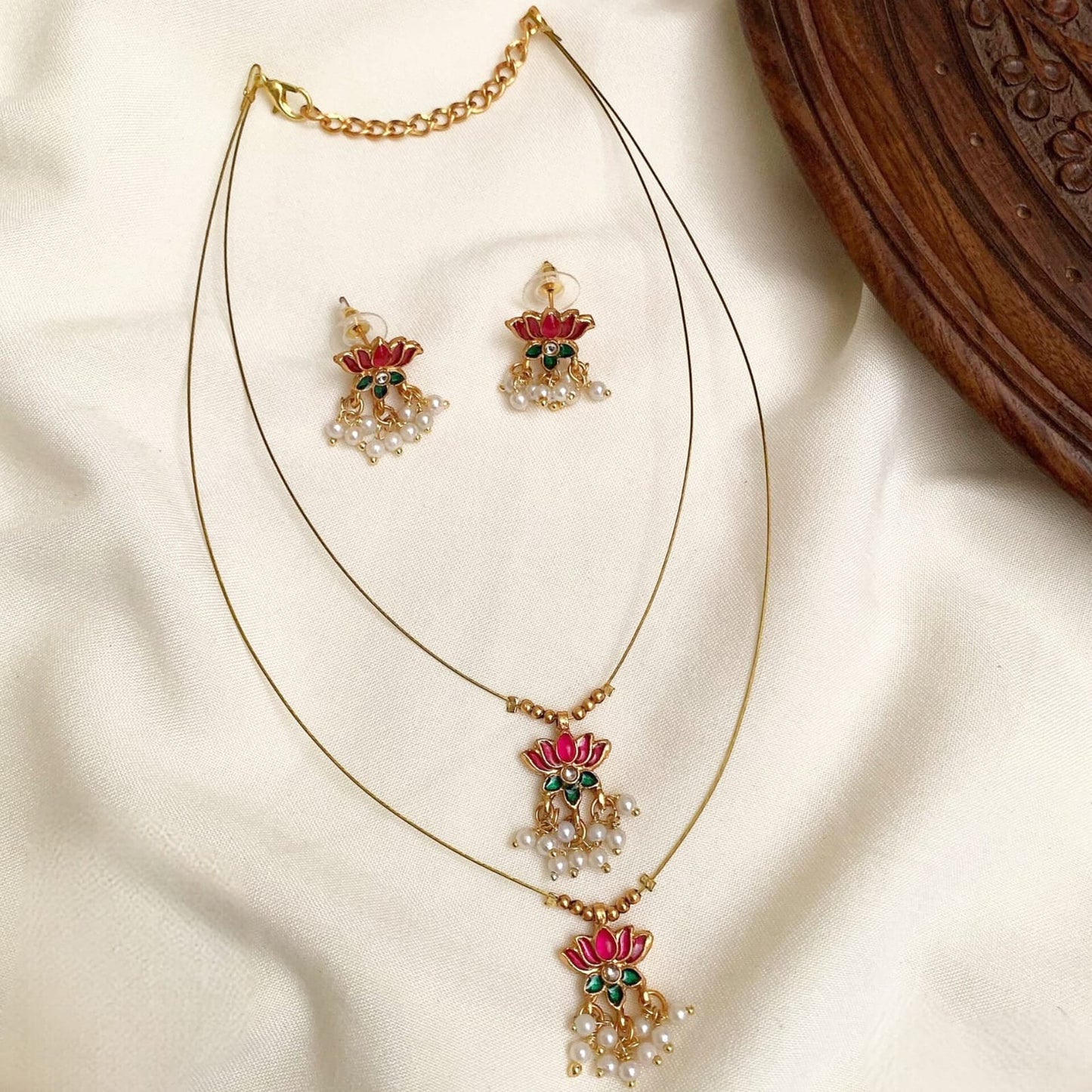 Layered Lotus Bloom Necklace Set – Minimalist Enamel & Pearl Drops