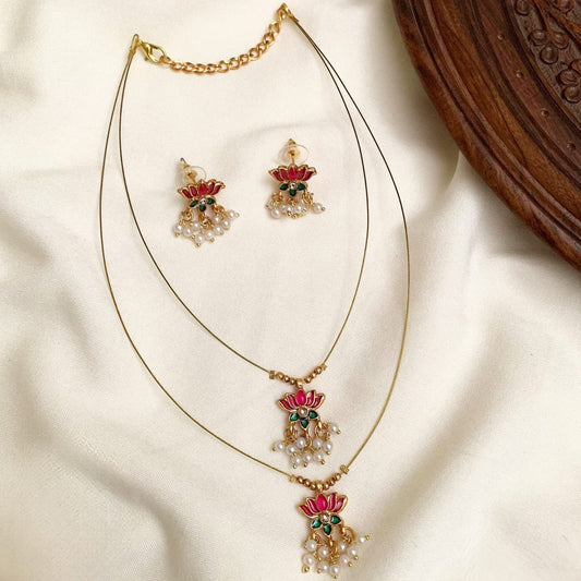 Layered Lotus Bloom Necklace Set – Minimalist Enamel & Pearl Drops
