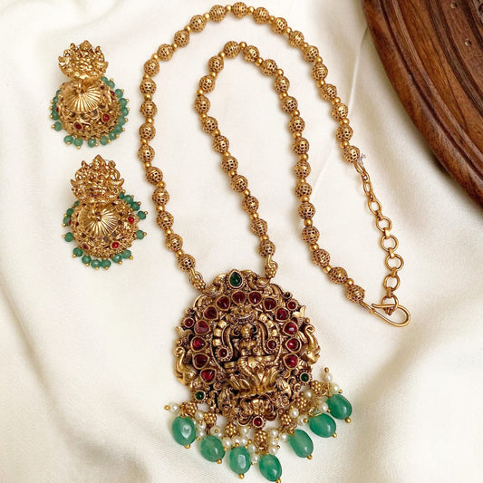 Royal Antique Gold Lakshmi Temple Necklace Set with Jhumkas & Pearl-Green Drops