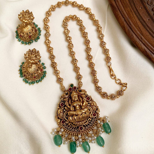 Grand Lakshmi Antique Gold Temple Necklace Set with Pearl & Emerald Drops