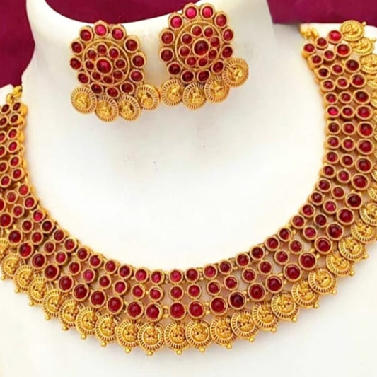 Heavy Kasu Necklace Set with brilliant Red  Kemp Stones