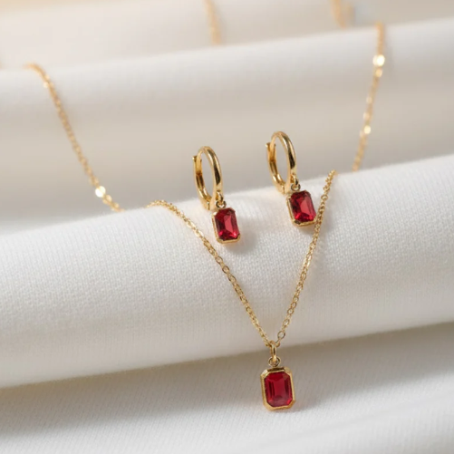 Ruby Red Pendant Necklace & Earring Set | 18K Gold-Plated Minimal Jewellery | Trending Gift Set for Women