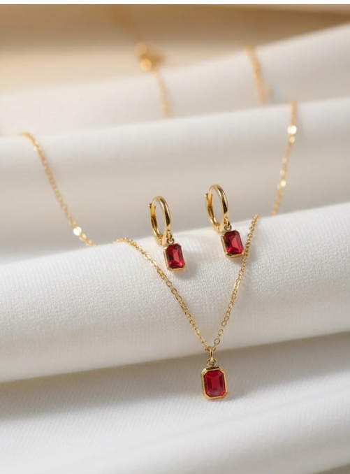 Elegant Ruby Red Pendant Necklace & Earring Set | 18K Gold-Plated Minimal Jewellery | Trending Gift Set for Women