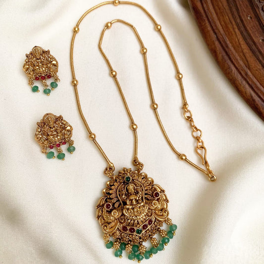 Divine Lakshmi & Peacock Antique Gold Temple Jewelry Set with Ruby & Emerald Green Beads
